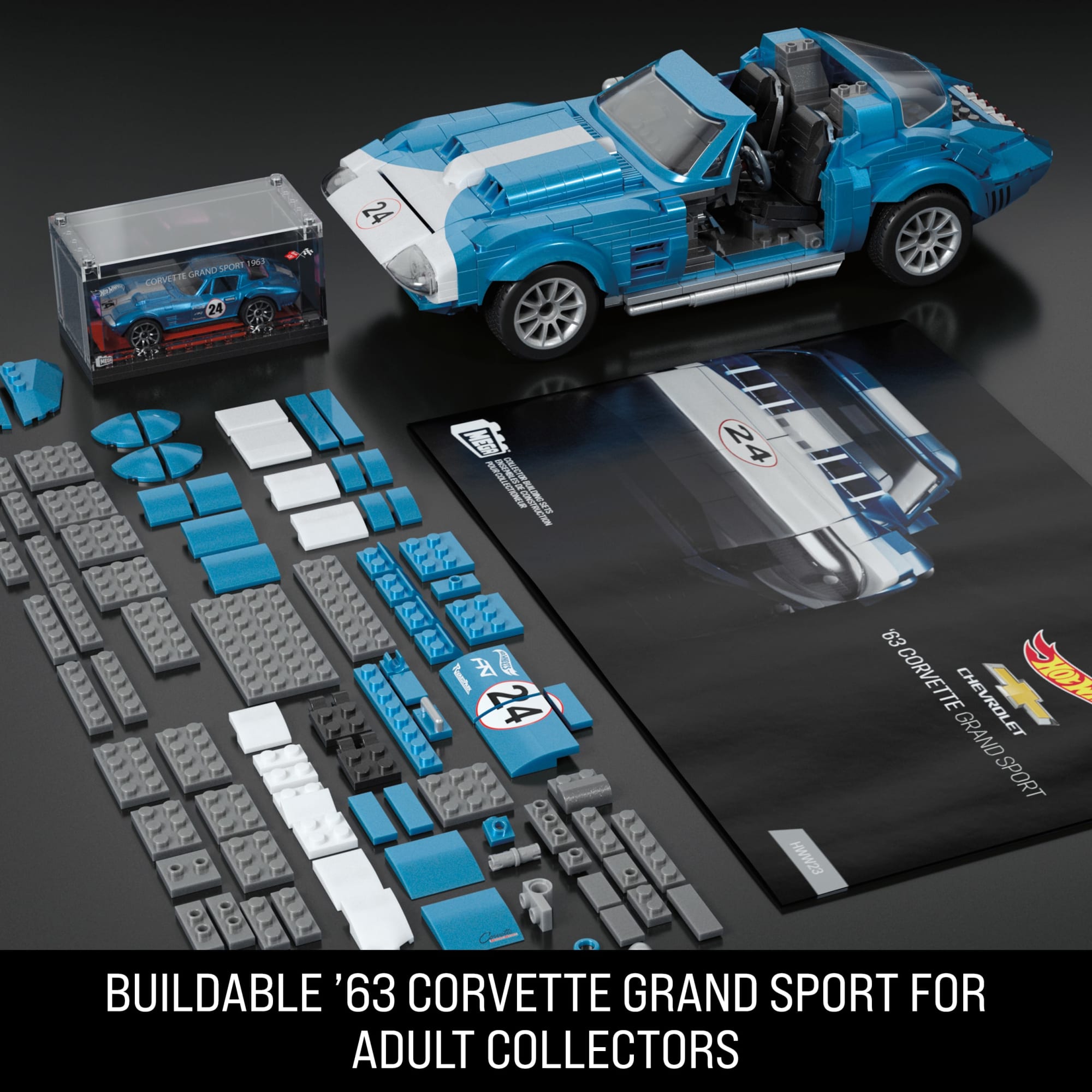 MEGA Hot Wheels 63 Corvette Grand Sport Race Car Building Toy Kit (1060 Pieces) For Collectors